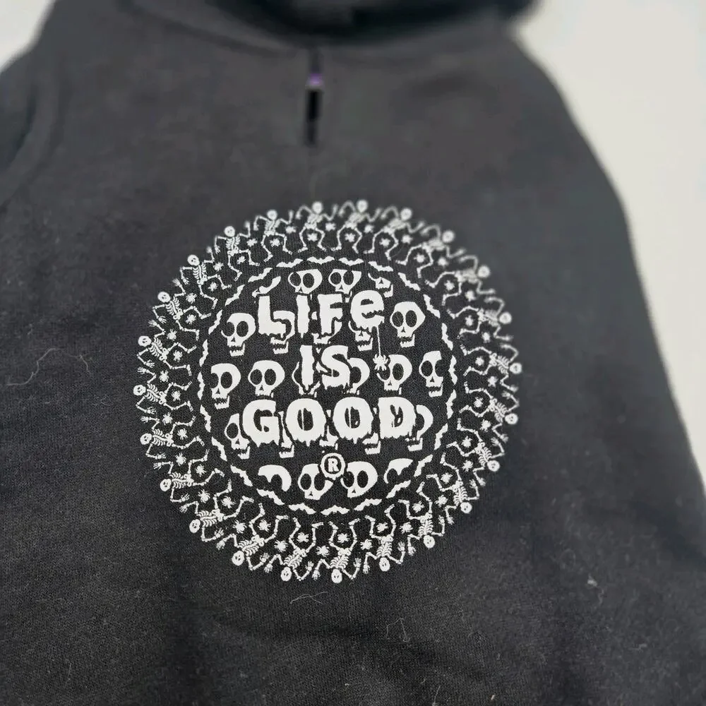 LIFE IS GOOD Dog Hoodie Skulls SMALL Black White Fleece GOTHCORE PUNK NEW!